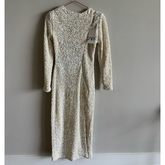 Zara Women Open Back Removable Long Sleeve Multiposition Sequin Dress Ivory Sz S - Picture 12 of 14